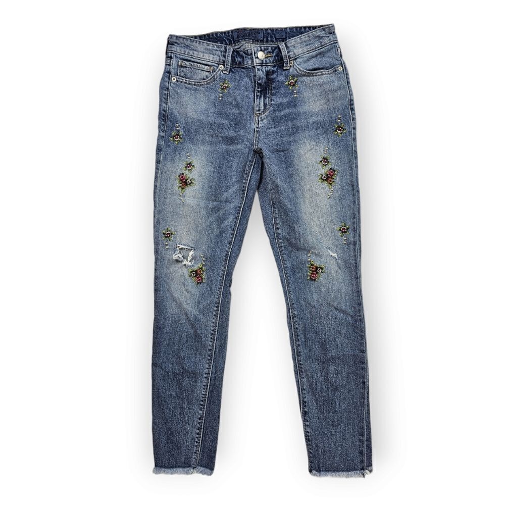 Lucky Brand Ava Floral Cross-Stitch Mid Rise Skinny Jeans‎ Women's Size 26